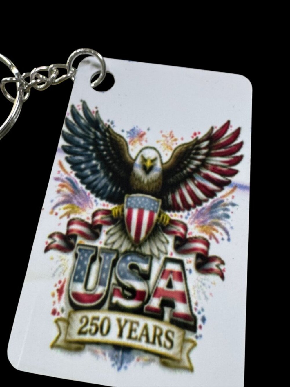 USA 250 Years Patriotic Keychain, Metal, Bald Eagle American Flag Design, Souven